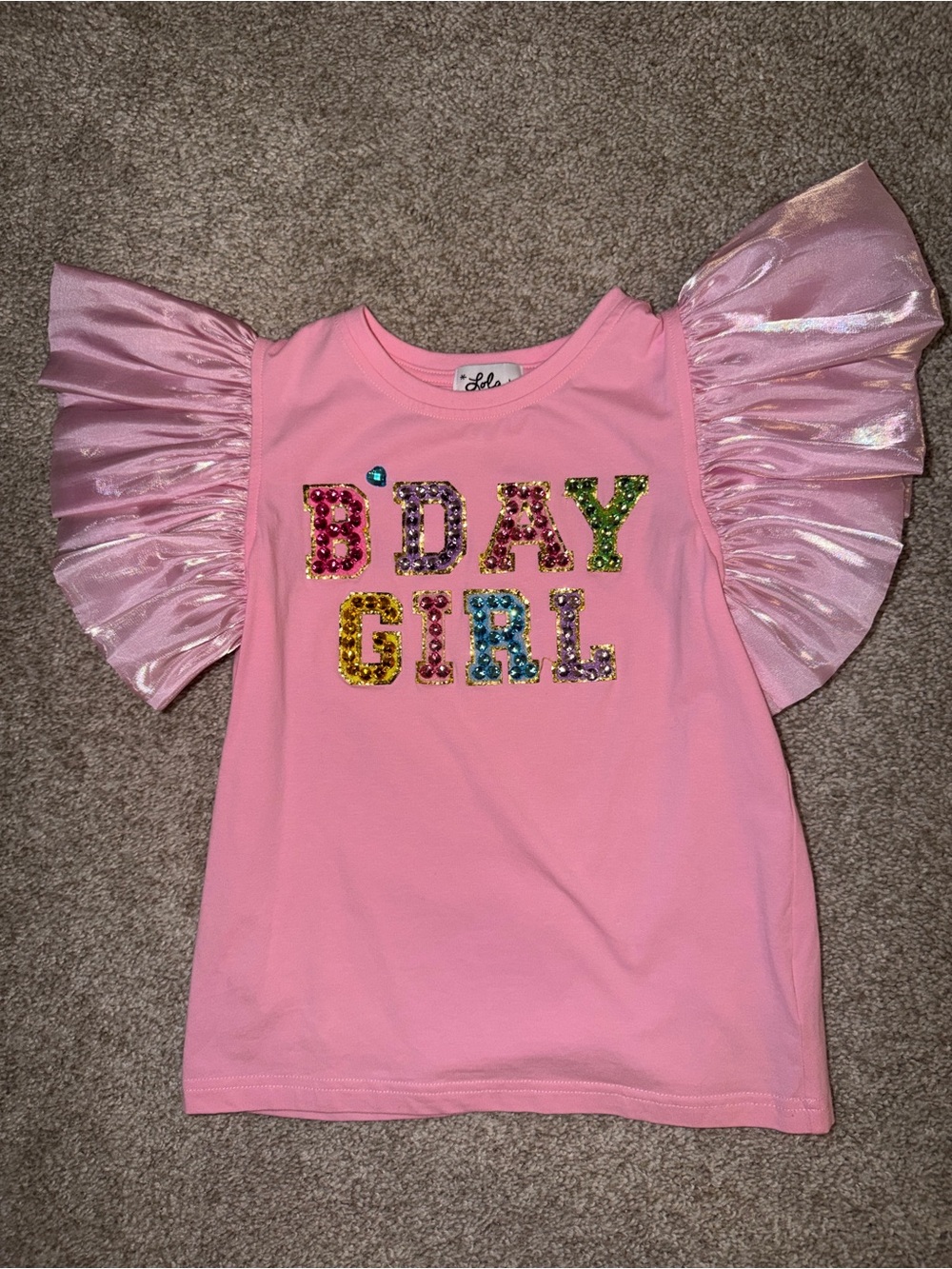 Lola + The Boys Pink Sequin "BDAY GIRL" Tee with Shimmery Ruffle Sleeves